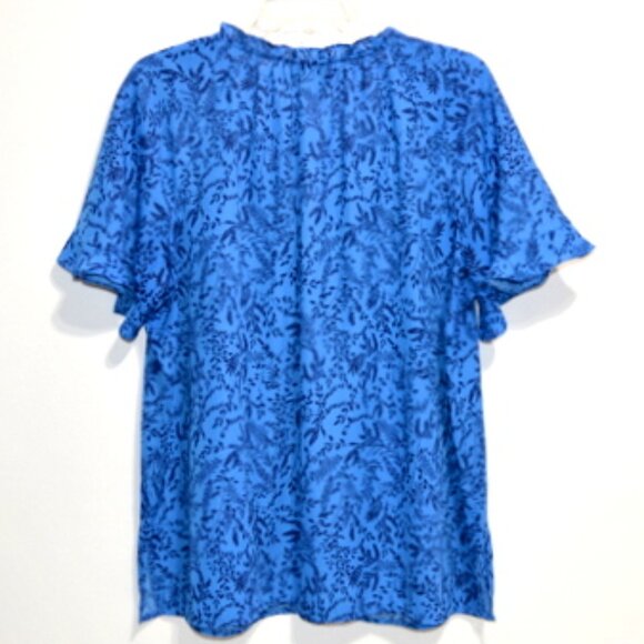Liz Claiborne Career Women’s Blue Floral Neck Ruffles Short Sleeve V-Neck Top XL - Picture 2 of 9